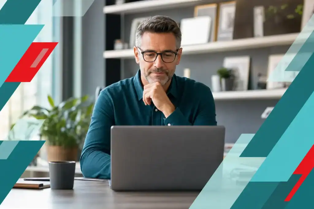Business professional working on a laptop with IT infrastructure background in Houston.
