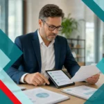 Business professional reviewing IT documents and digital devices for managed IT services in Houston.