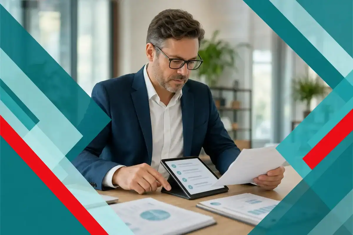 Business professional reviewing IT documents and digital devices for managed IT services in Houston.