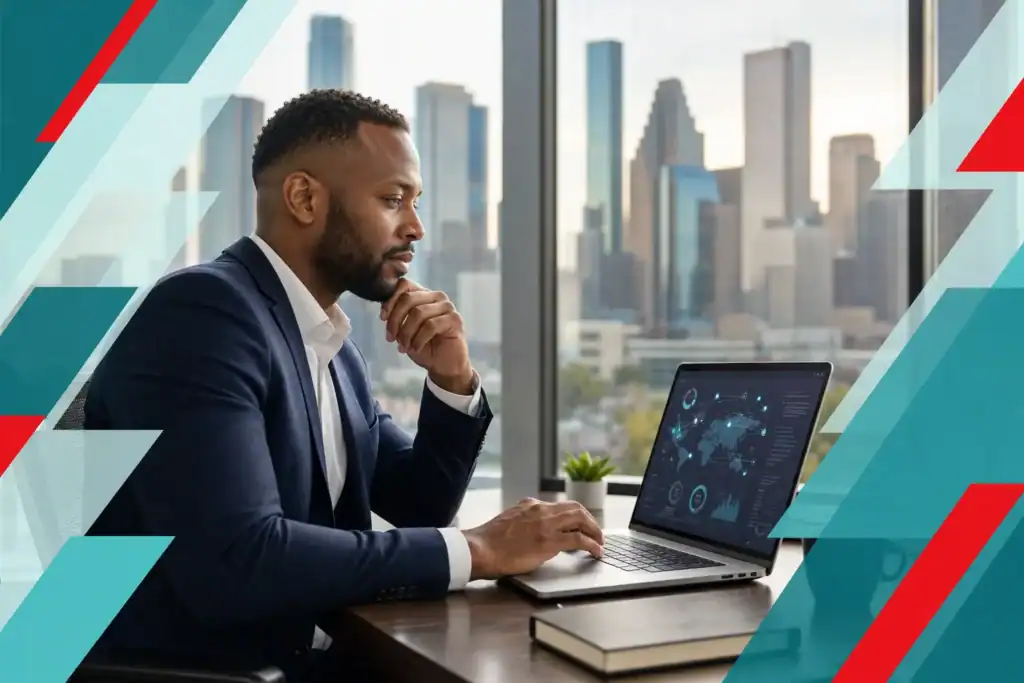 Business professional analyzing cybersecurity data on laptop in modern office setting.