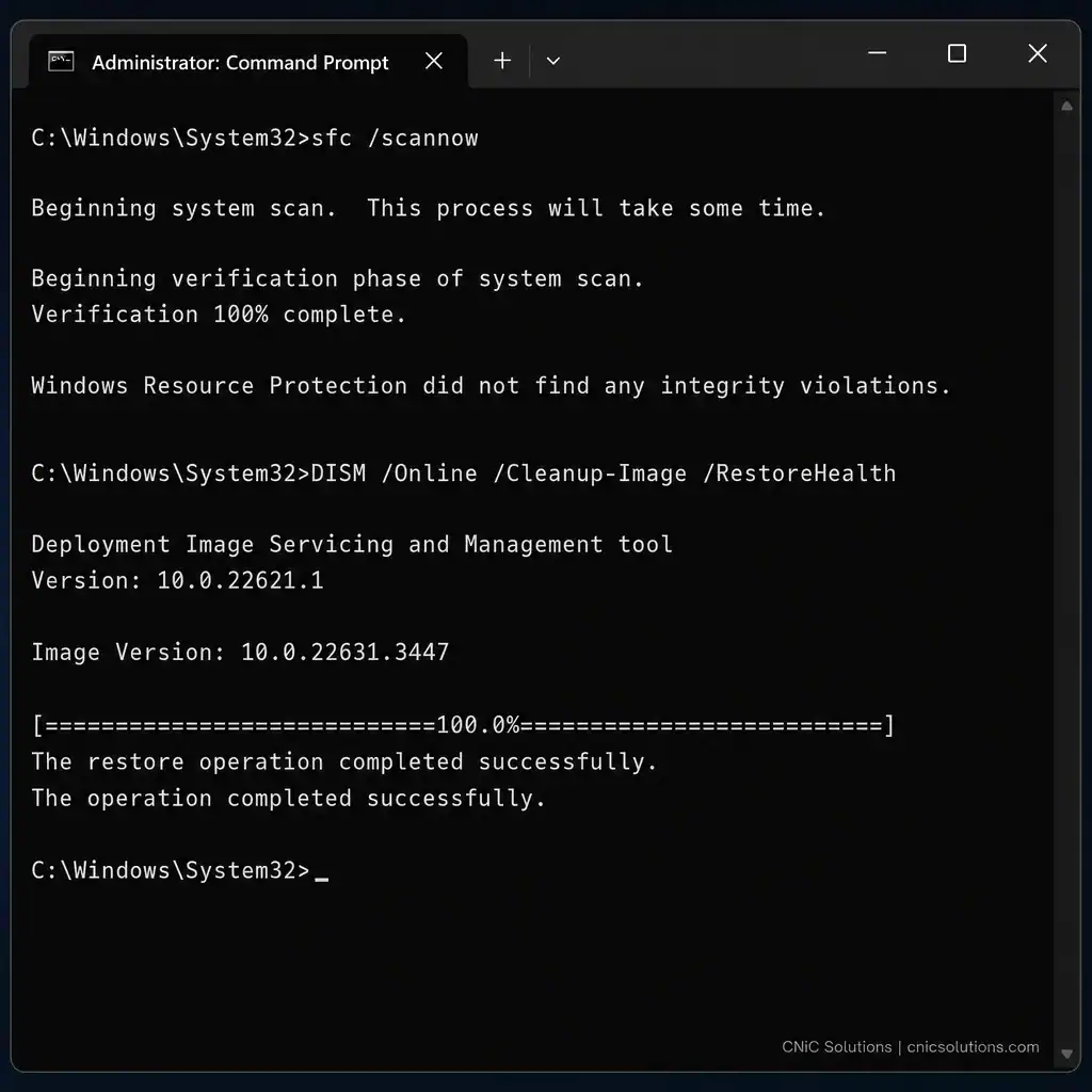 Elevated Command Prompt running sfc scannow and DISM RestoreHealth to repair Windows system files