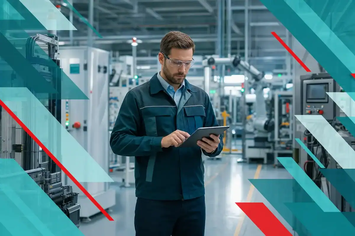 Engineer using tablet in industrial manufacturing facility for IT and network management.