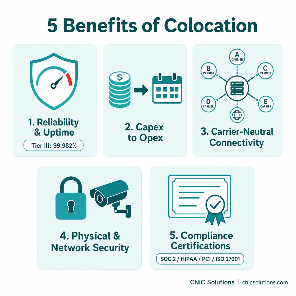 Infographic showing five benefits of colocation: uptime, cost, connectivity, security, compliance