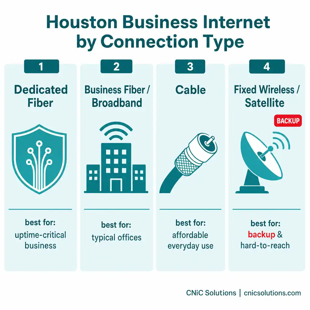 Infographic showing Houston business internet options by connection type with best-for tags