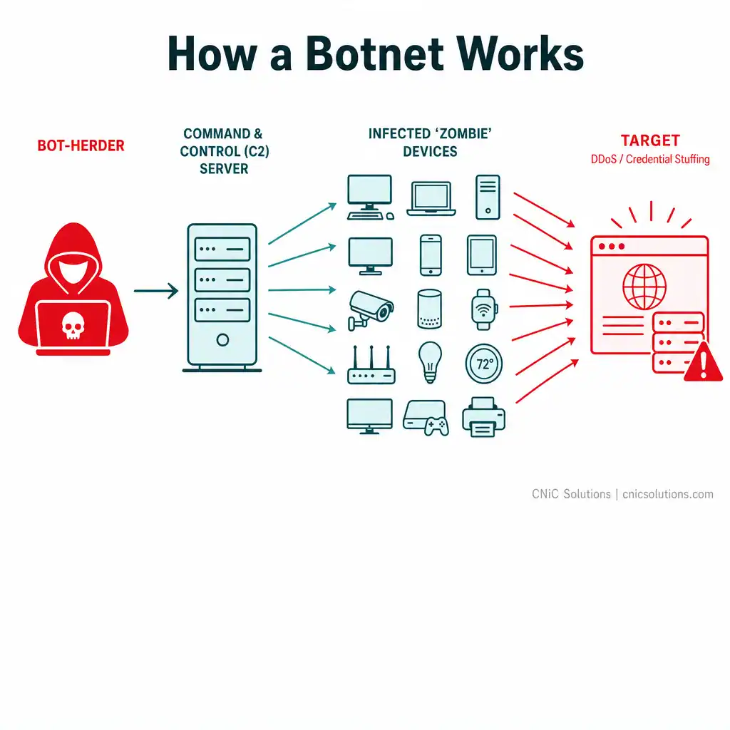 Diagram showing a bot-herder controlling infected zombie devices through a C2 server to attack a target
