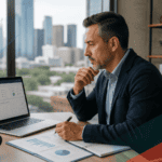 Business professional analyzing IT data on laptop in modern office with city view.