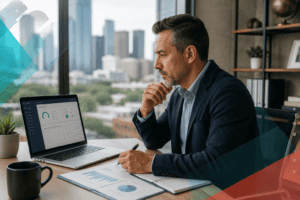 Business professional analyzing IT data on laptop in modern office with city view.