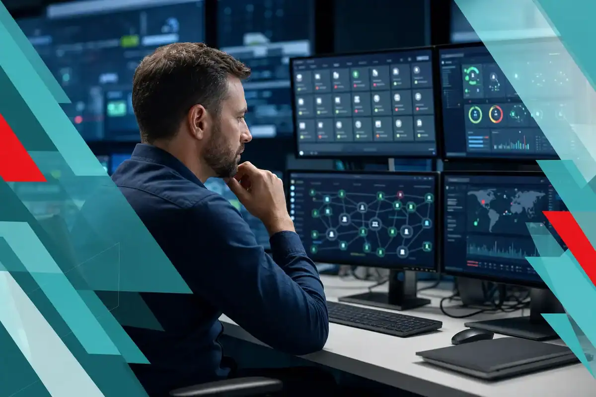 IT professional monitoring network security and infrastructure with multiple screens in a managed IT environment.