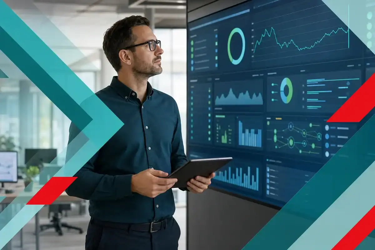 IT professional analyzing network data on digital dashboards for cybersecurity and managed IT services.