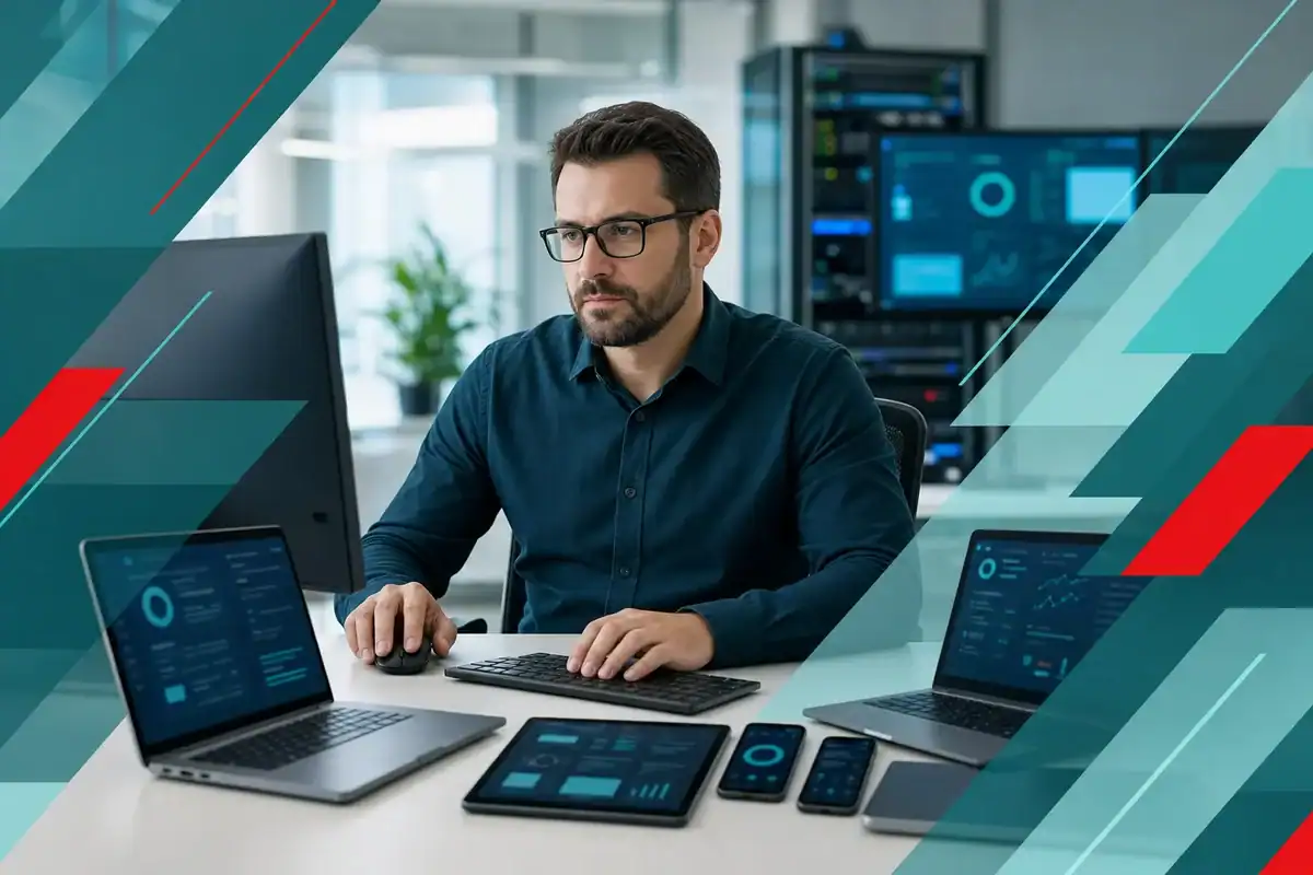 IT professional managing network security and infrastructure with multiple devices in a modern office.