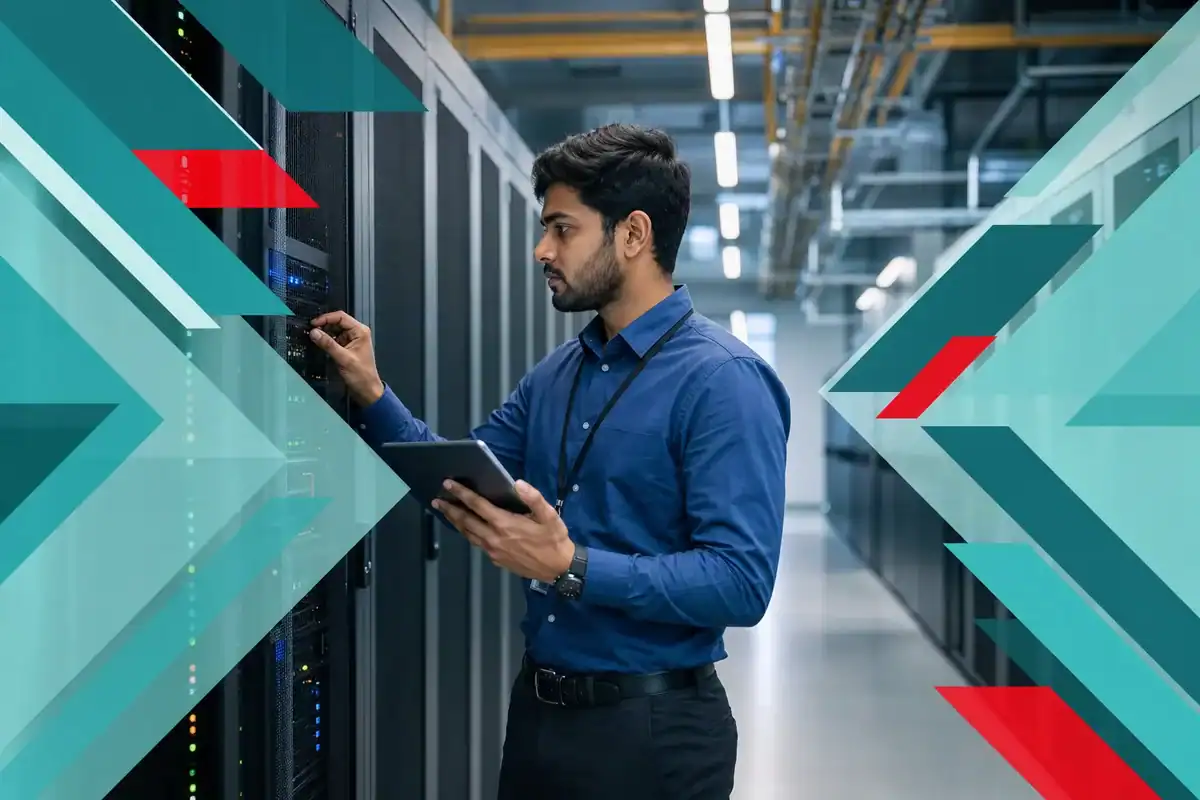 IT professional managing server infrastructure inside a colocation data center