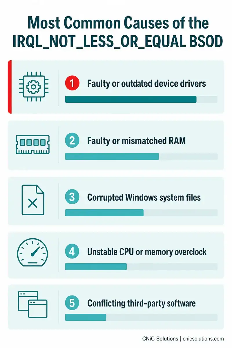 Infographic ranking the most common causes of the IRQL_NOT_LESS_OR_EQUAL BSOD, led by device drivers