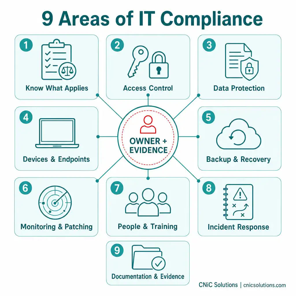 Infographic showing the nine areas of an IT compliance checklist with owner and evidence at the center