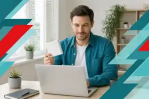 IT professional working on a laptop with network and cybersecurity solutions in Houston, TX.