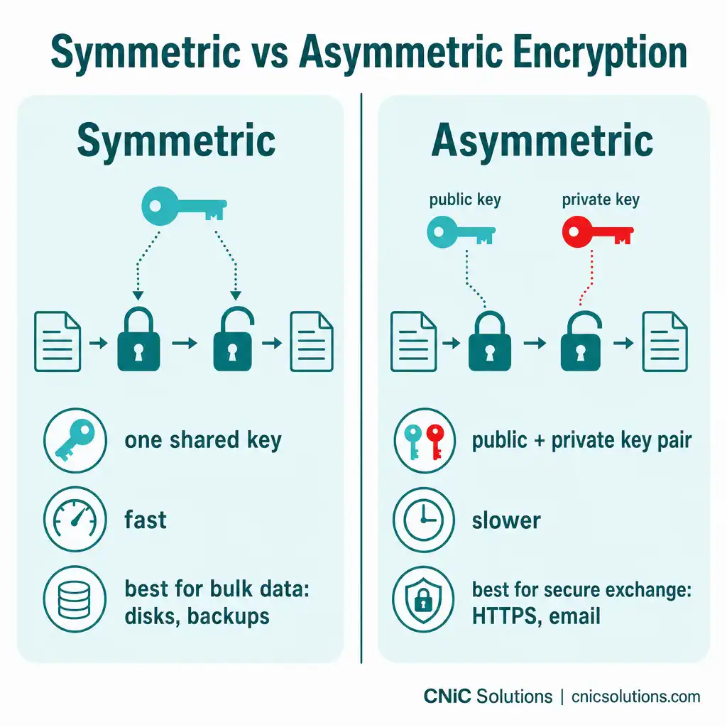 Infographic comparing symmetric encryption with one shared key and asymmetric encryption with a public and private key pair
