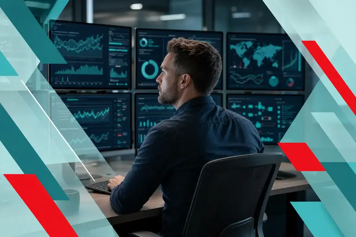 IT professional reviewing telemetry data visualizations on multiple screens