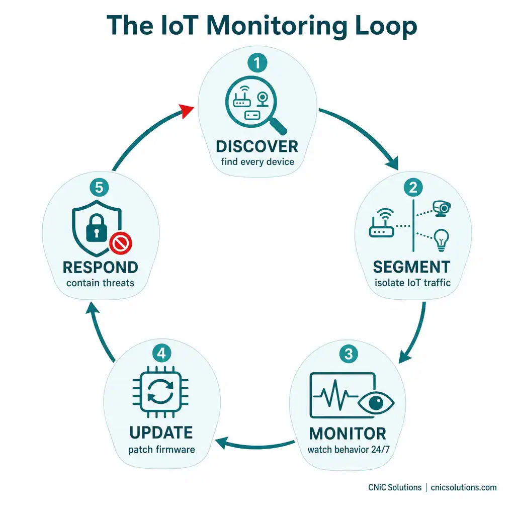 Diagram of the IoT monitoring loop: discover, segment, monitor, update, respond