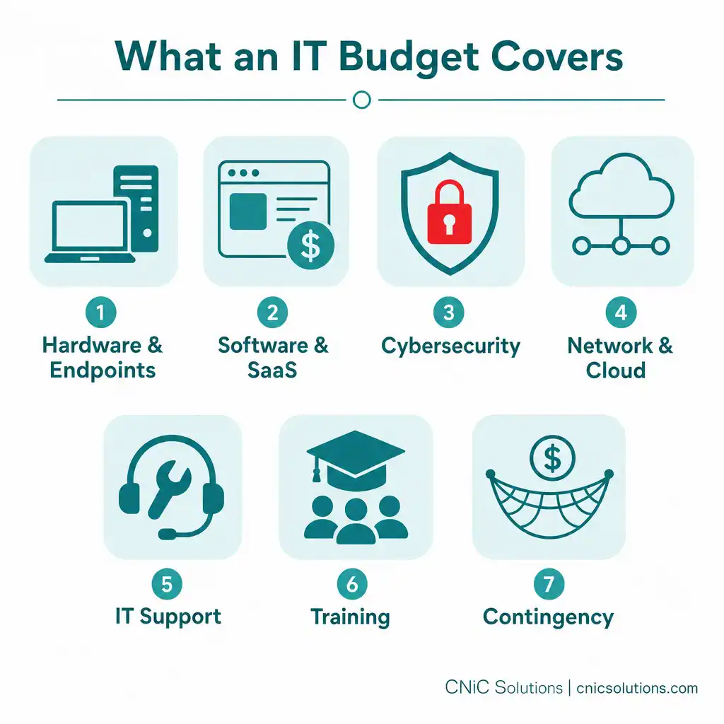 Infographic of the seven IT budget categories for a small business