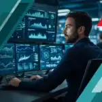 IT professional monitoring network security and infrastructure in a high-tech control room.