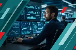 IT professional monitoring network security and infrastructure in a high-tech control room.