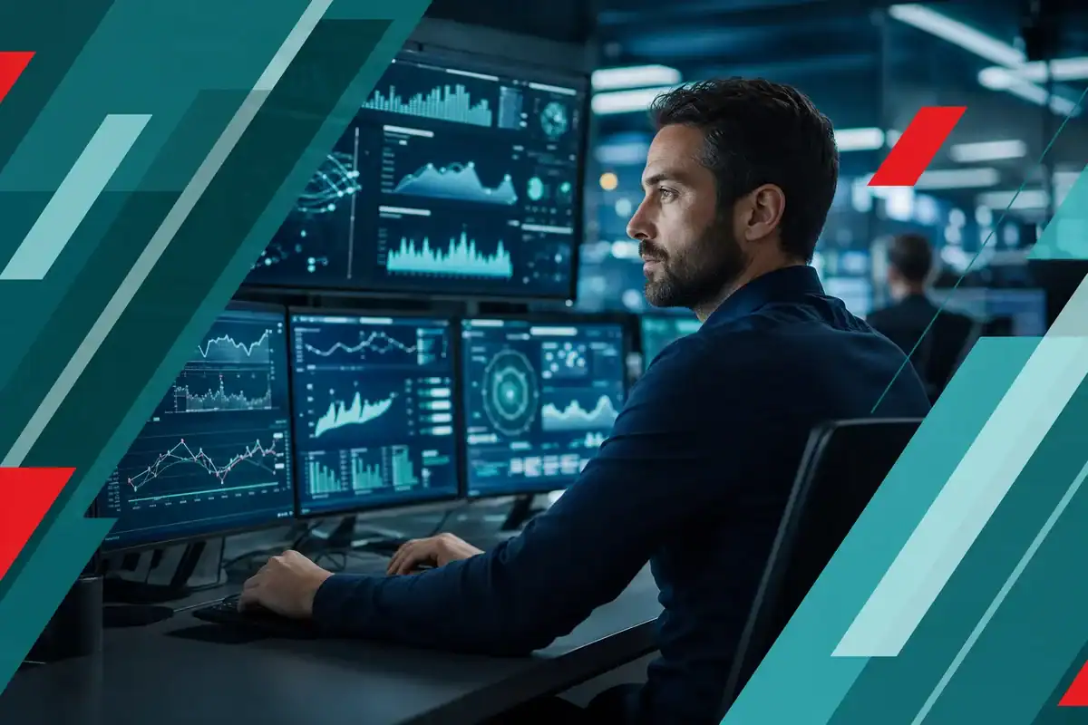 IT professional monitoring network security and infrastructure in a high-tech control room.