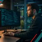 IT professional analyzing cybersecurity data on multiple monitors in a managed IT services environment.
