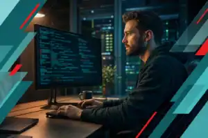 IT professional analyzing cybersecurity data on multiple monitors in a managed IT services environment.