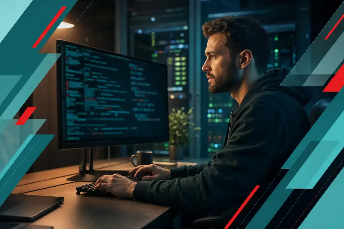 IT professional analyzing cybersecurity data on multiple monitors in a managed IT services environment.