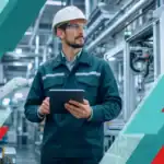 IT professional inspecting industrial network equipment for cybersecurity and infrastructure management.