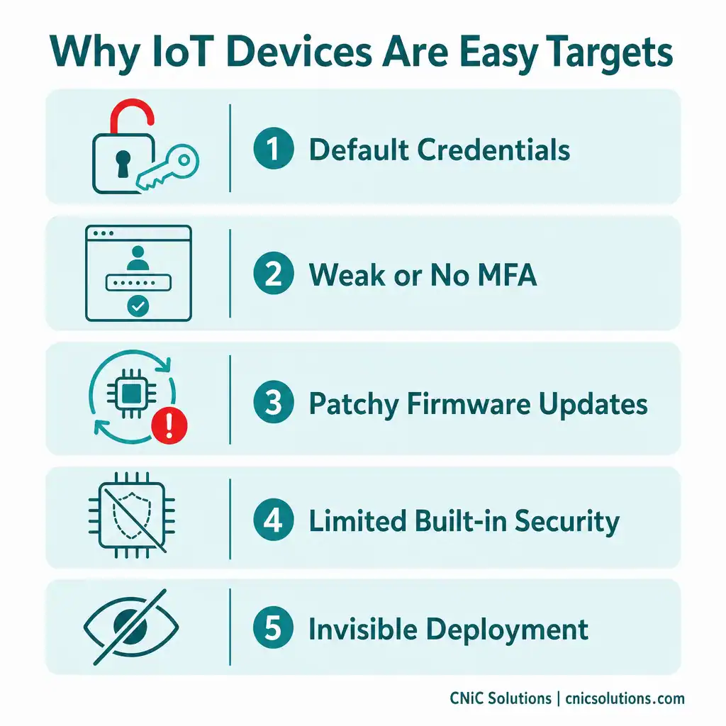 Infographic showing five reasons IoT devices are vulnerable: default credentials, weak MFA, patchy firmware, limited security, invisible deployment