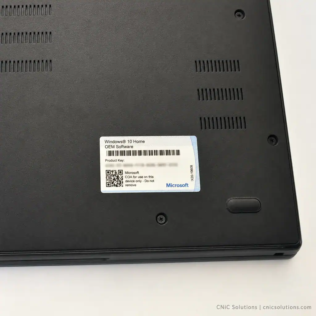 Close-up of a laptop with Windows 10 Home OEM software sticker, representing IT services and cybersecurity.