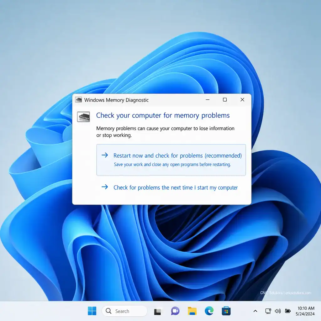 Windows Memory Diagnostic screen on a Windows 11 desktop for IT troubleshooting.