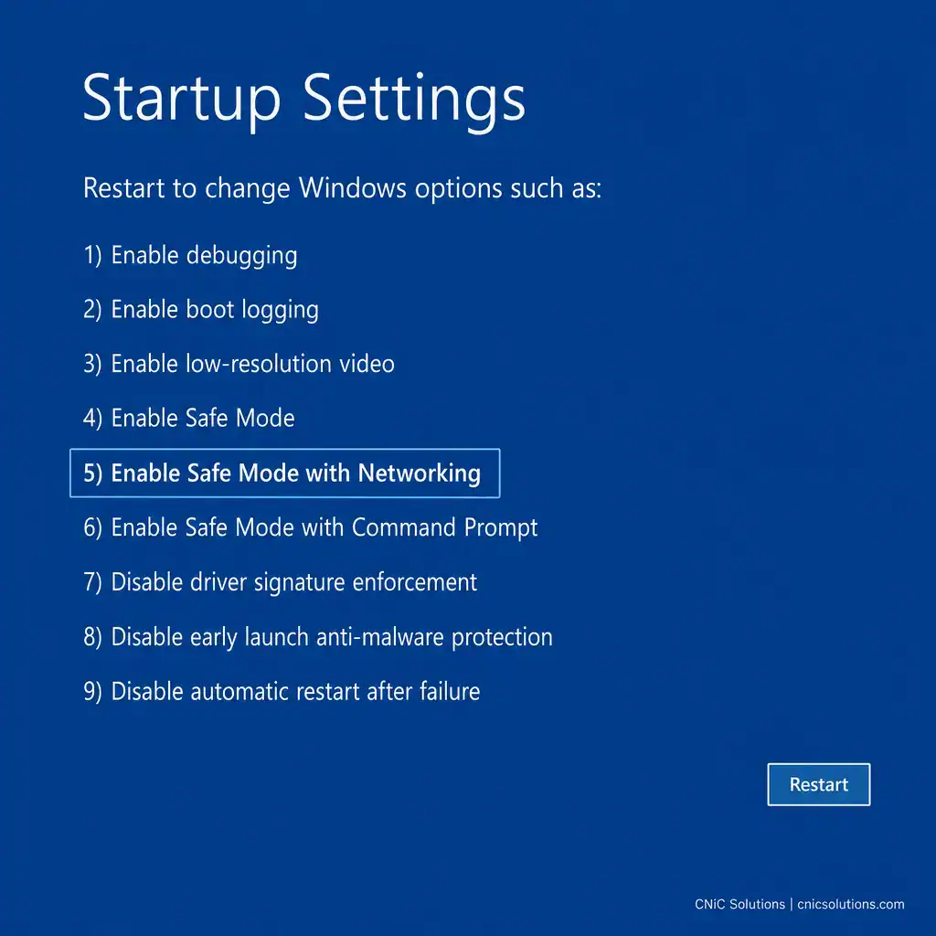 Startup Settings screen showing networking options for IT infrastructure management by CNiC Solutions.