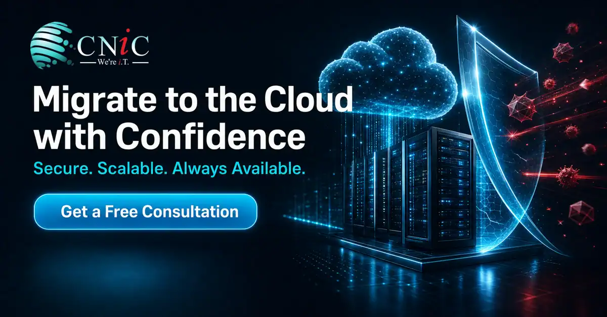 CNiC Solutions — Banner About Migrating To The Cloud With Confidence - Secure, Scalable, Always Available; A Rounded 'Get A Free Consultation' Button. Do Not Render Any Eyebrow, Ki