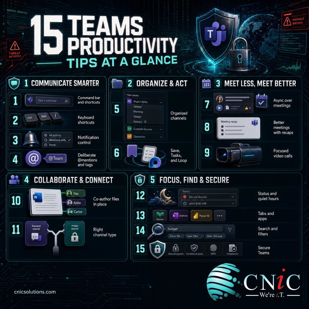 Grouped infographic summarizing all 15 Microsoft Teams productivity tips by theme