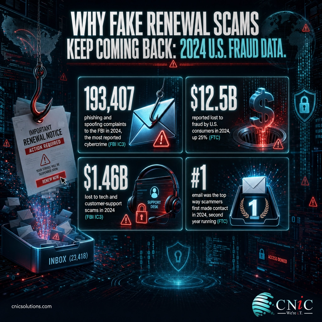 Infographic of 2024 U.S. fraud statistics: 193,407 phishing complaints, $12.5B consumer fraud losses, $1.46B tech-support scam losses
