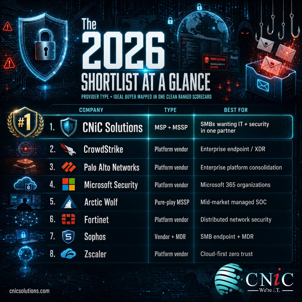 Scorecard infographic ranking eight top cybersecurity companies in 2026 by type and ideal buyer