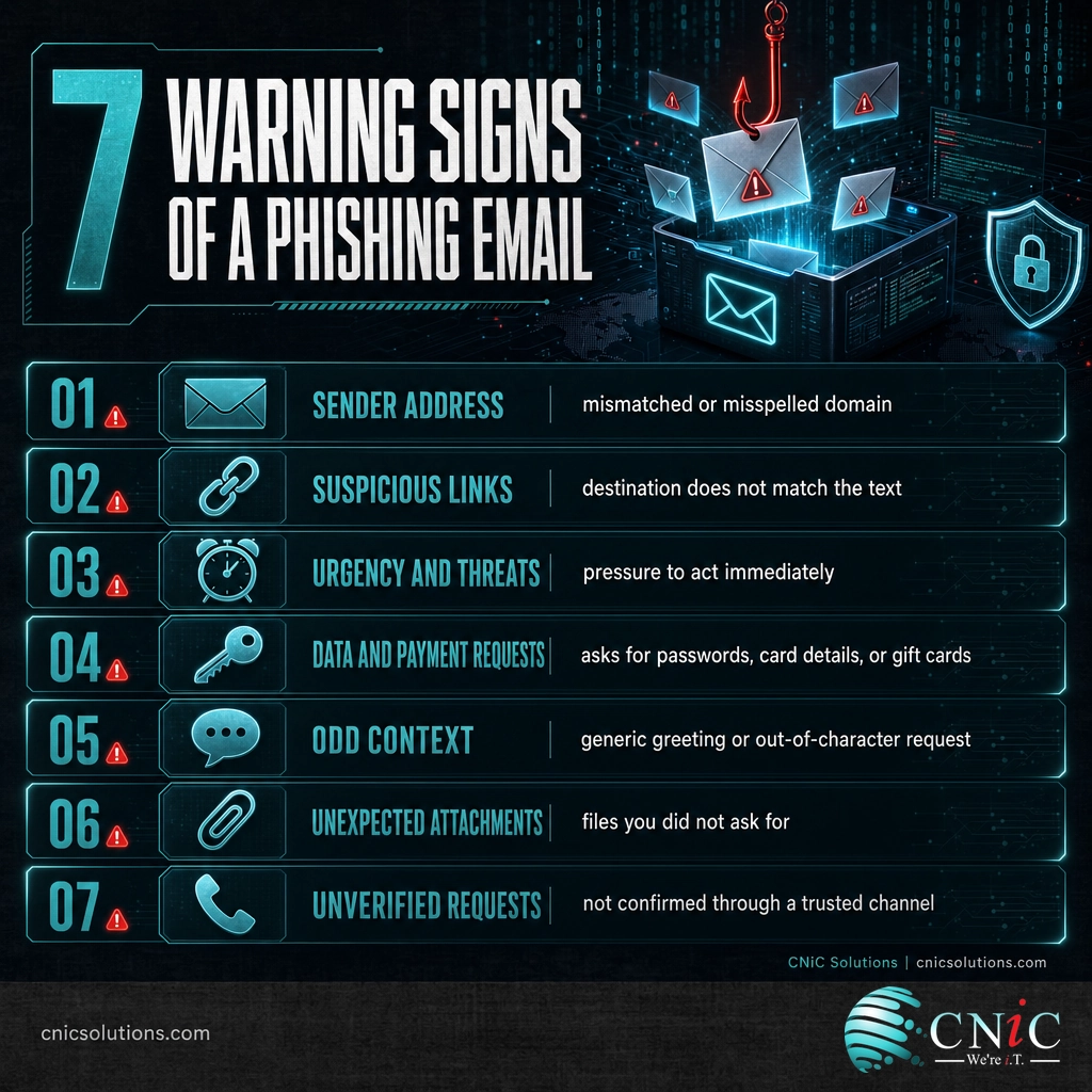 Infographic checklist of seven phishing email warning signs to check before clicking