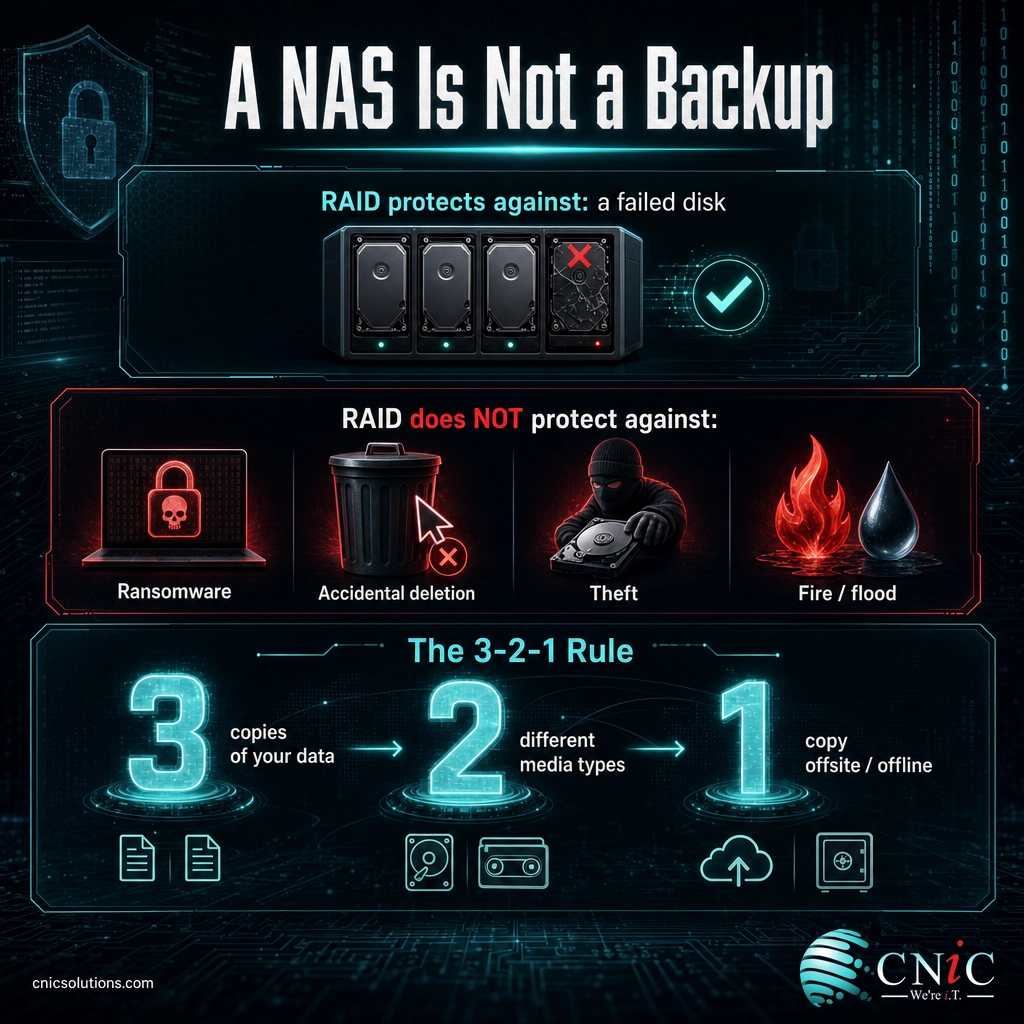 Infographic showing RAID only protects against disk failure and the 3-2-1 backup rule of three copies, two media, one offsite