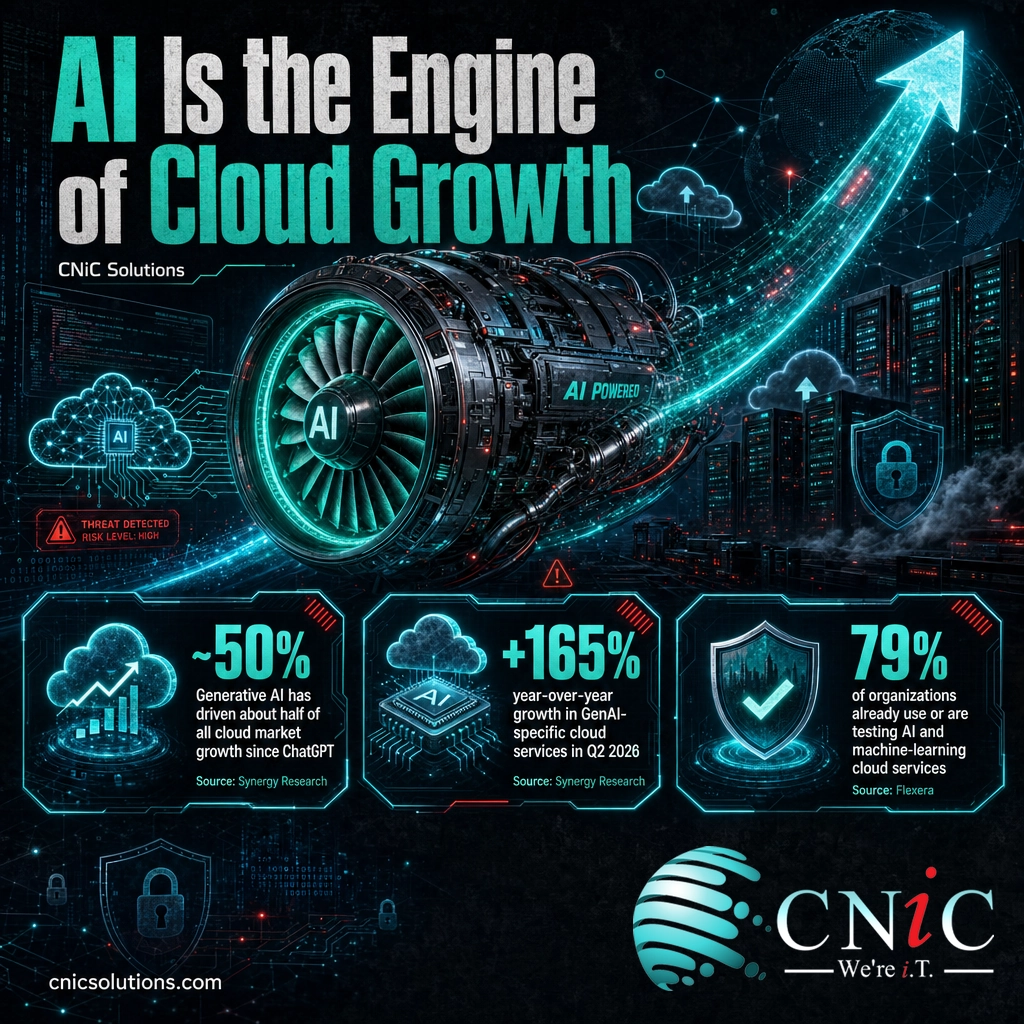 Infographic showing artificial intelligence driving 2026 cloud growth, with GenAI service growth and AI adoption figures