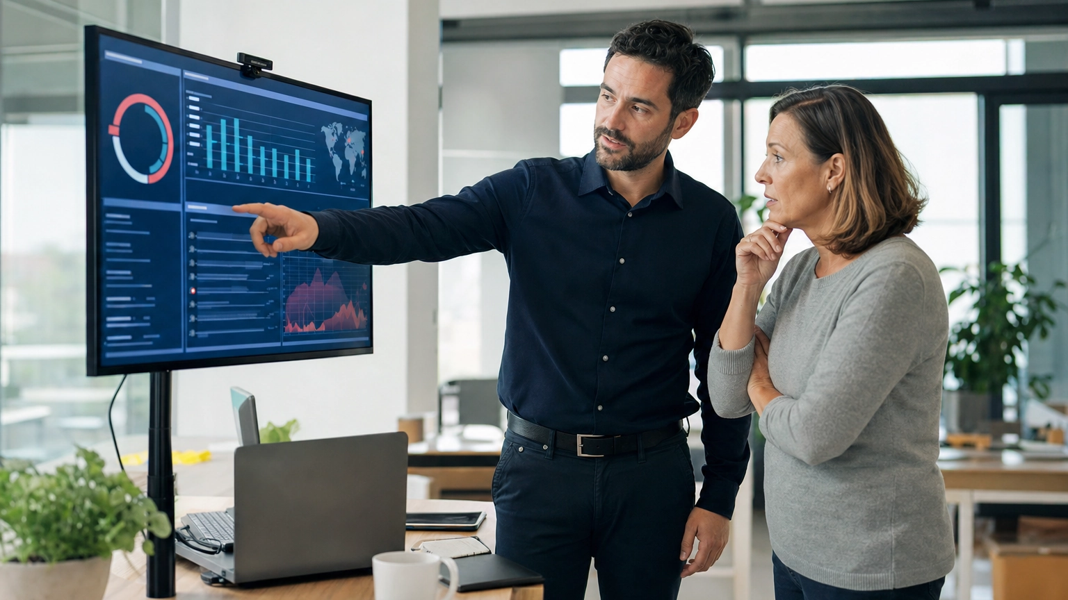 Security analyst reviewing a threat detection dashboard with a business owner in a modern office