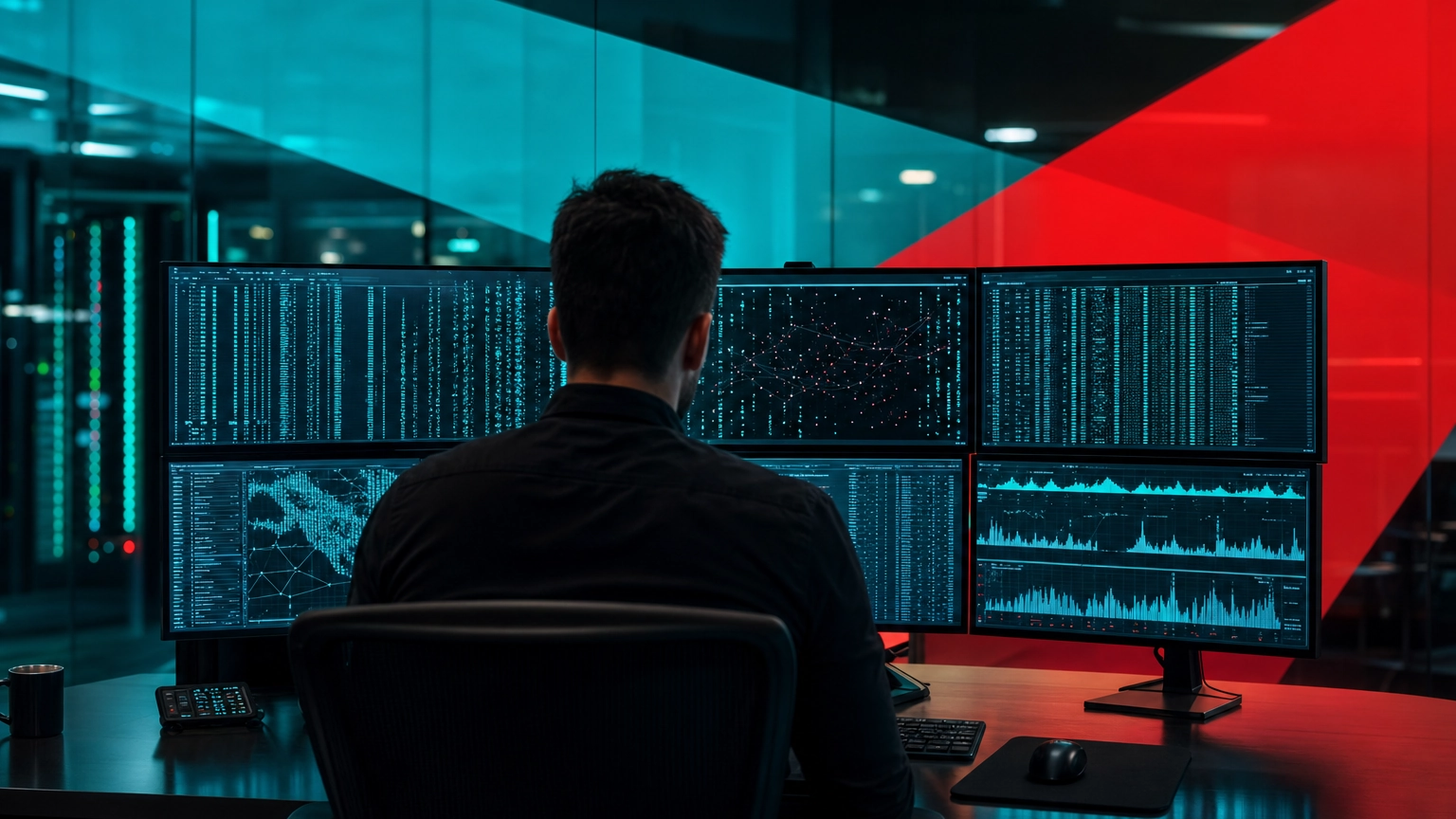 Security analyst reviewing scrolling log data on multiple monitors in a dark operations center
