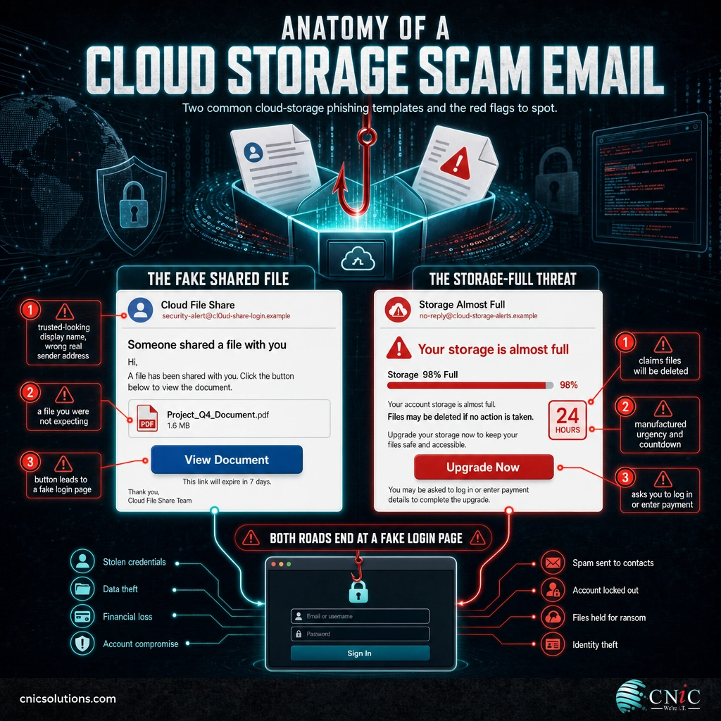 Diagram comparing the two main cloud storage email scams, a fake shared file and a storage-full threat, with the red flags on each
