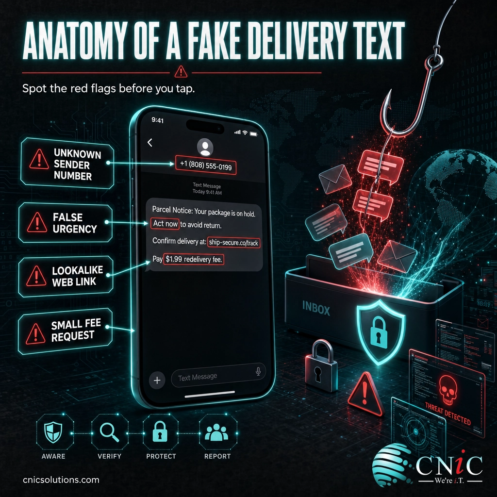 Annotated diagram labeling the red flags in a fake package delivery text message