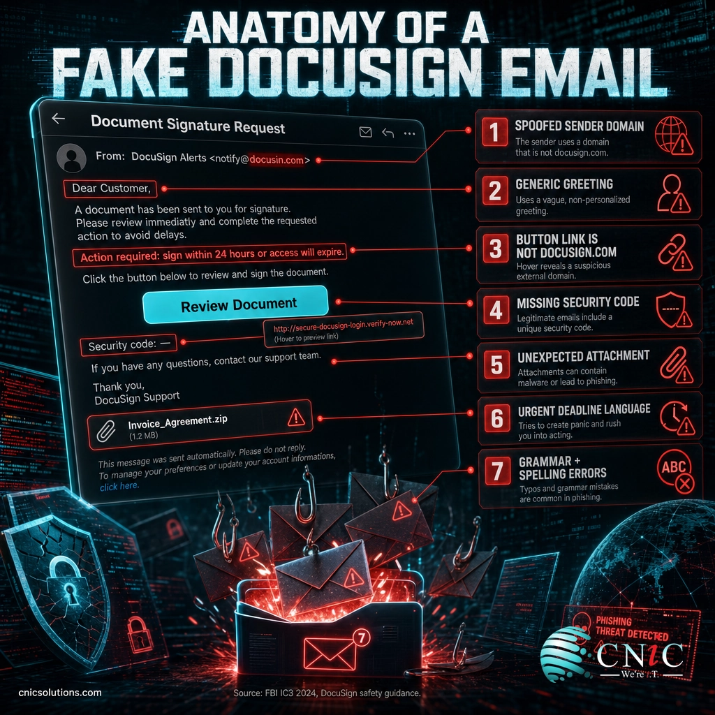 Infographic showing seven red flags of a fake DocuSign email on a mock notification