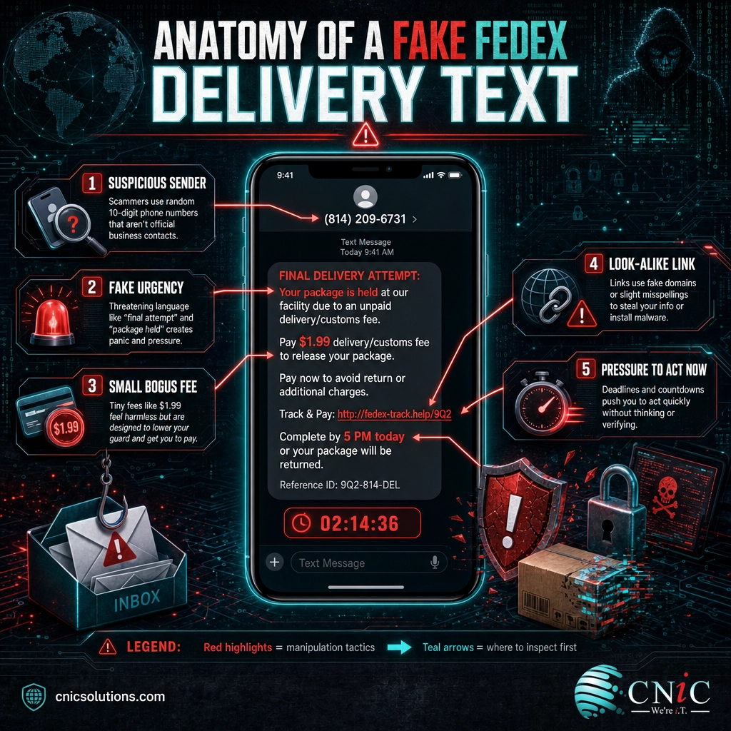 Annotated infographic labeling five red flags in a fake FedEx delivery scam text message