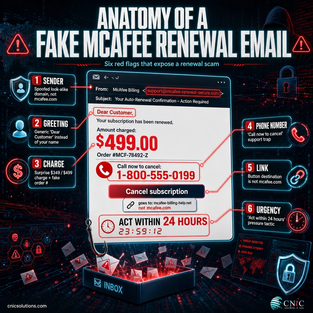 Infographic labeling the six red flags in a fake McAfee renewal email: sender, greeting, charge, phone number, link, urgency