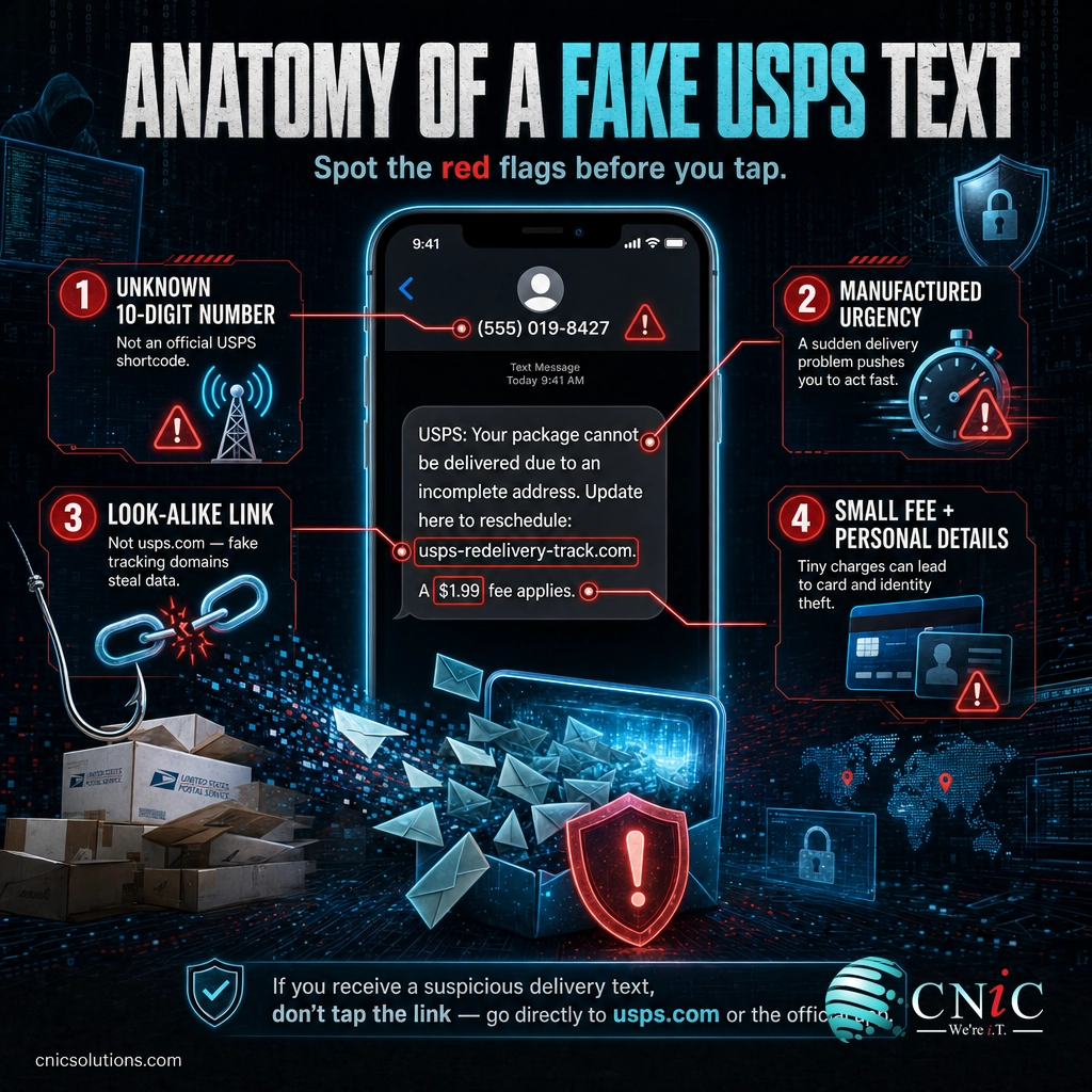Infographic labeling the four red flags in a fake USPS delivery scam text message