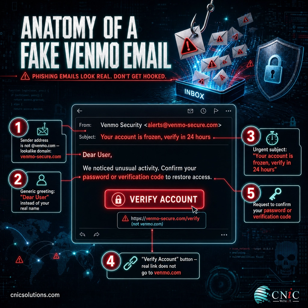 Infographic labeling five red flags of a fake Venmo email: wrong sender domain, generic greeting, urgency, fake button, credential request