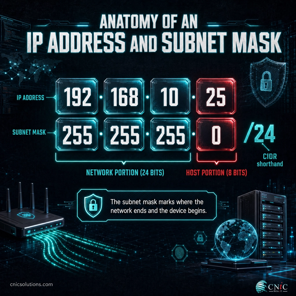 Diagram of the IP address 192.168.10.25 with a 255.255.255.0 subnet mask splitting the network portion from the host portion